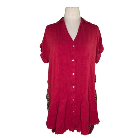 Umgee Red Linen Blend Button Front Tunic Dress Leopard Print Contrast Size L - Picture 1 of 6
